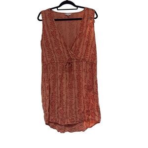 Time and Tru XL Orange Floral Print Deep V Elastic Tie Waist Mini Dress Pockets